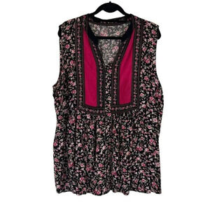 Rose Floral Pattern Tunic Sleeveless Colorblock Hot Pink Green Black White Flowy